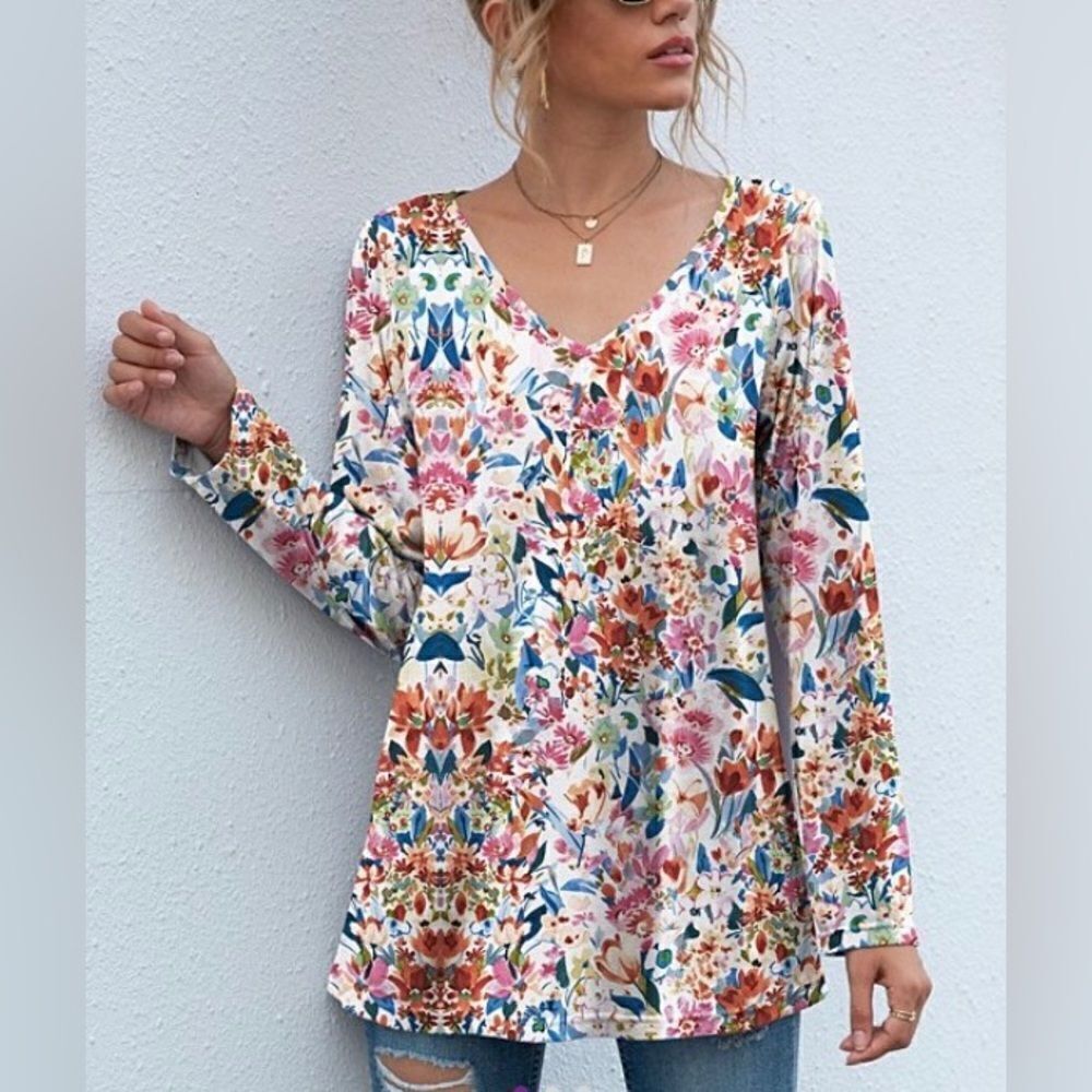 Floral V-Neck Tunic Top Women Size 1X Orange & Pink Bohemian Relaxed NEW
